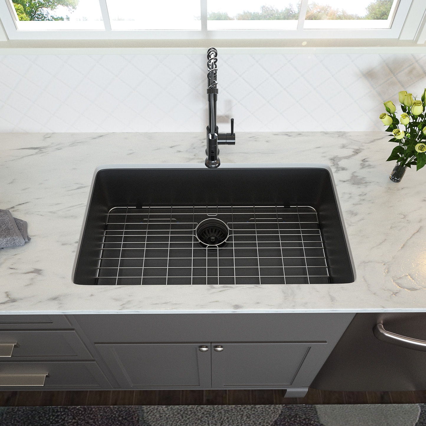 28" Undermount Kitchen Sink 16 Gauge 10" Deep Single Bowl - Gunmetal Black