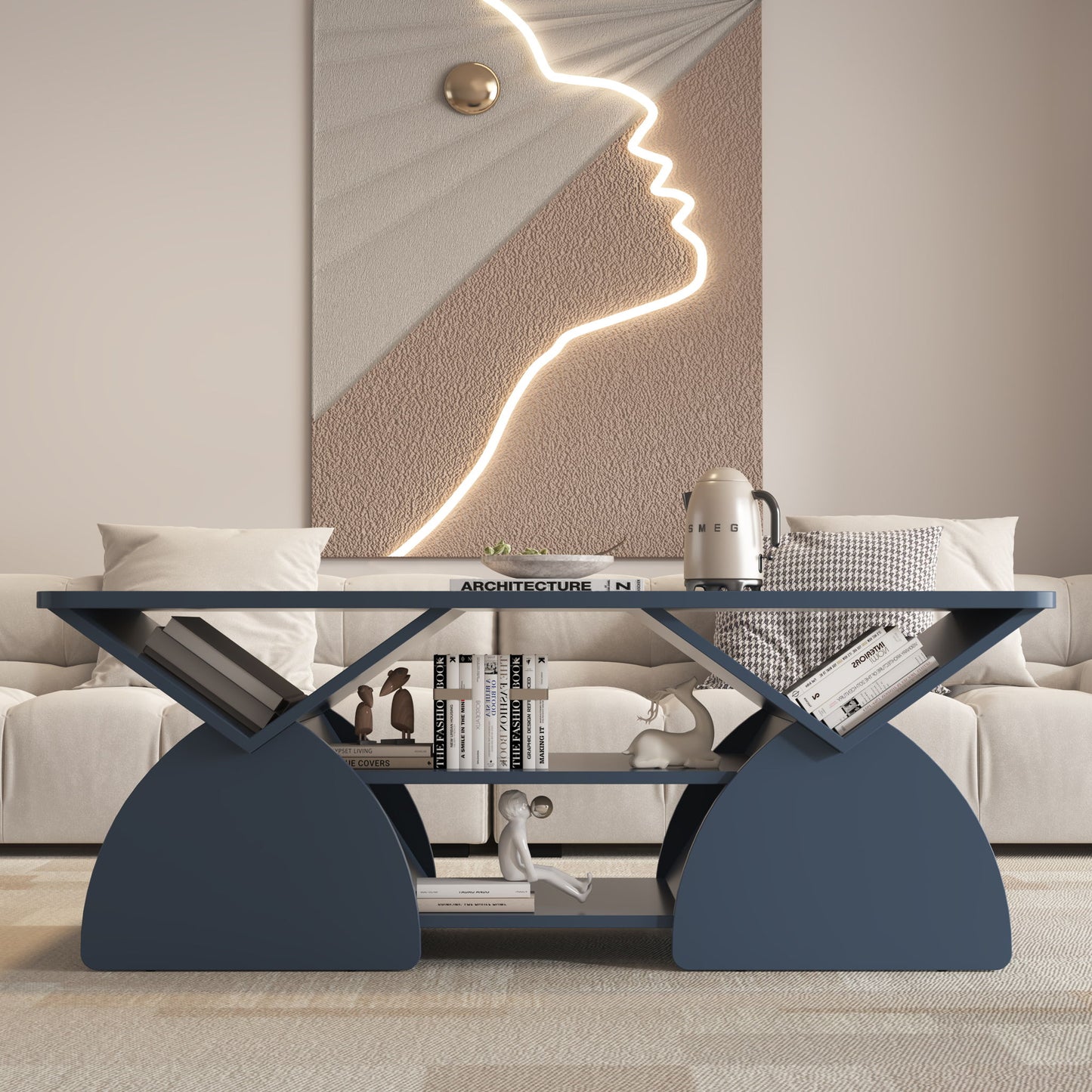Geometric Engineered Coffee Table With Rounded Corners With Open Shelves