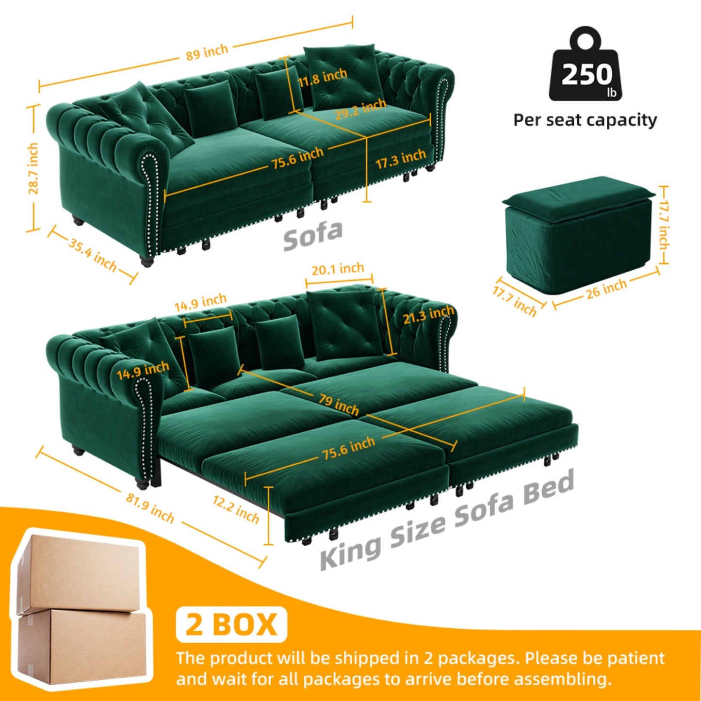 3 In 1 Pull Out Convertible Sleeper Sofa Bed, King Size, Chaise Lounge