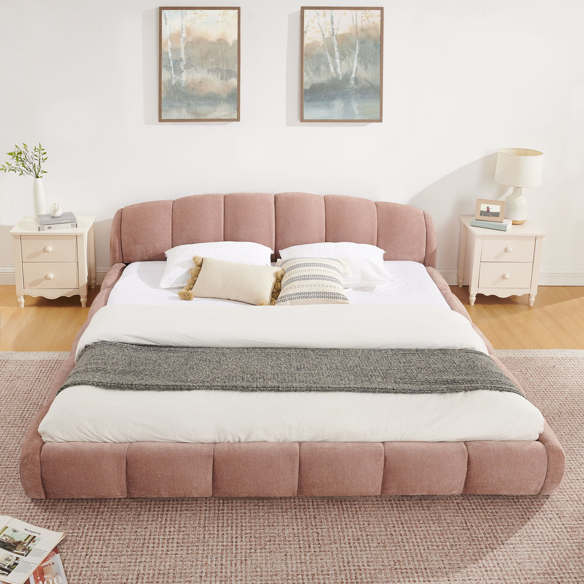 Upholstered Platform Bed Frame, Low Profile Floor Bed, No Box Spring Required