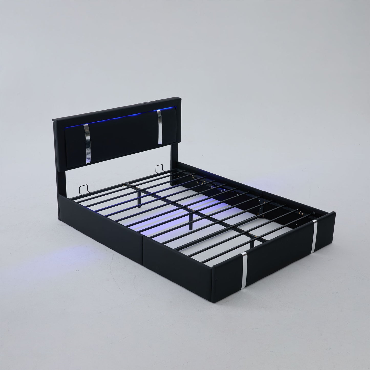 Upholstered Platform Bed Frame With Adjustable LED Headboard, USB C-Charging, Hydraulic Lift