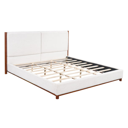 King Upholstered Bed Frame, No Box Spring Needed - Walnut / White