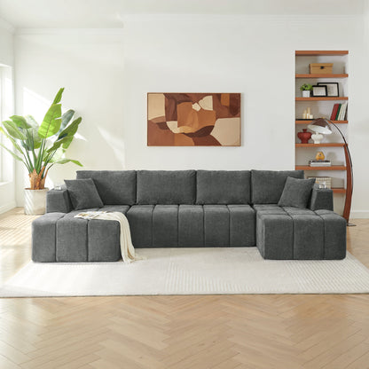 U - Shaped Sectional Sofa, Cup Holders & Side Pockets For Living Room