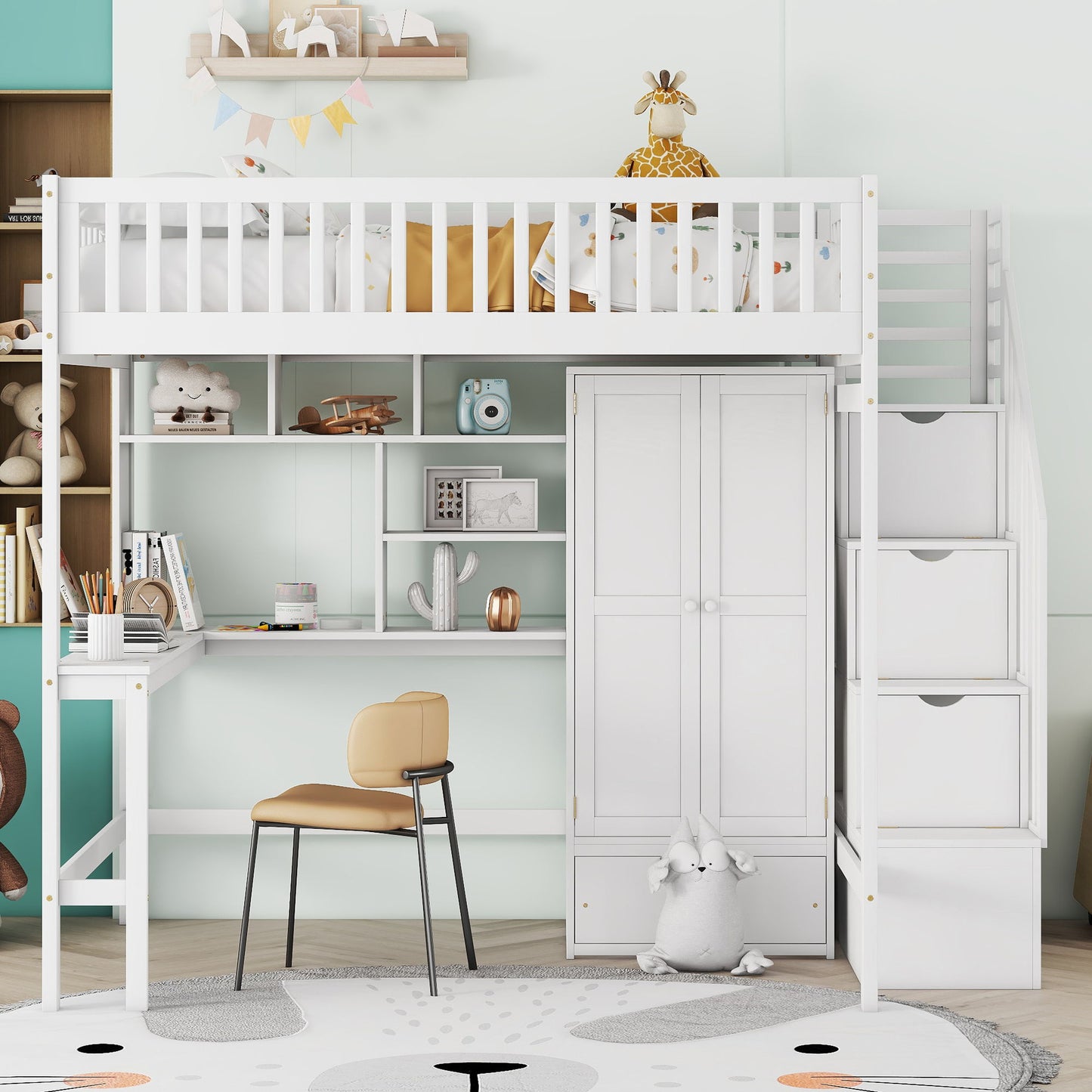 Loft Bed With Bookshelf, Drawers, Desk, And Wardrobe