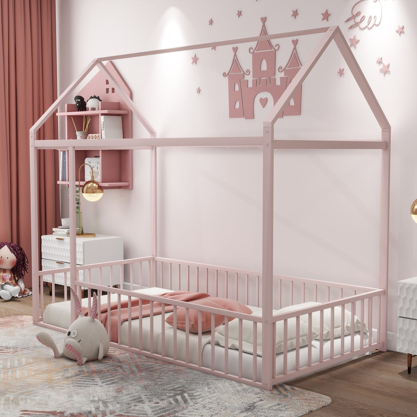 Metal Bed House Bed Frame With Fence
