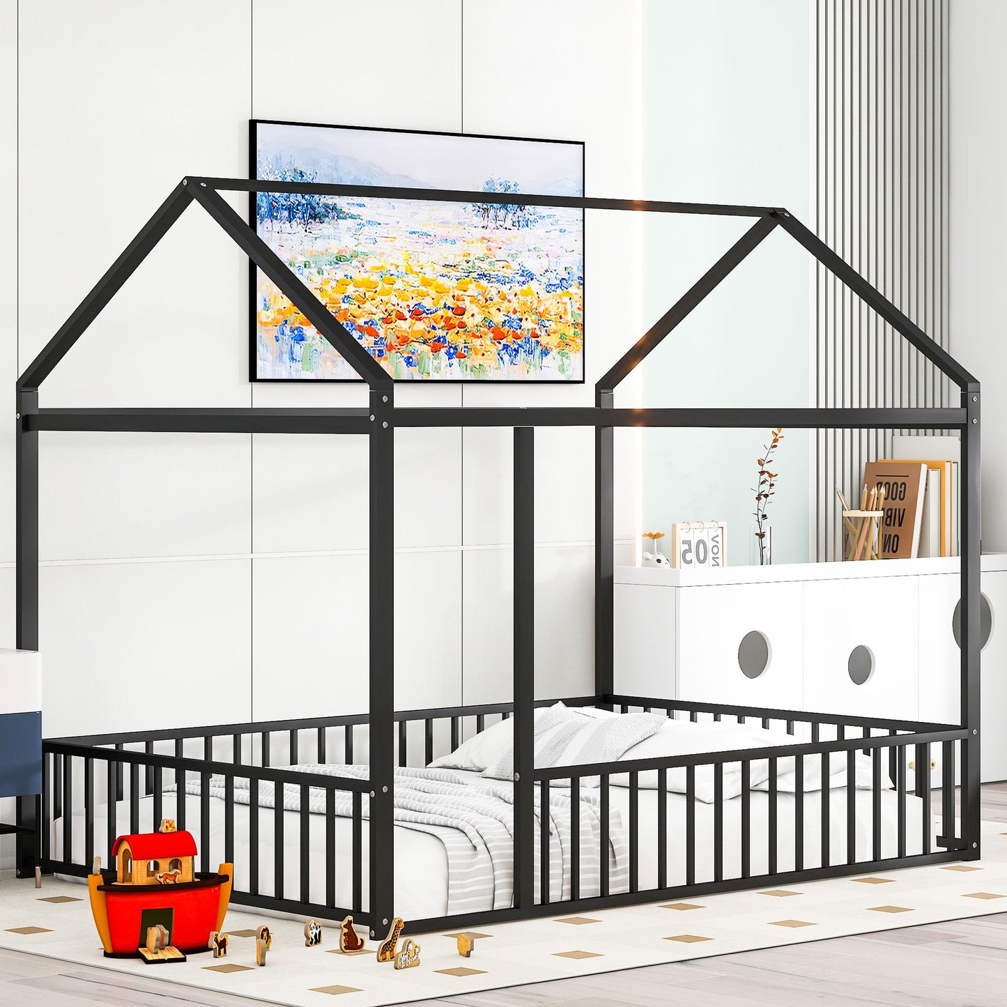 Metal Bed House Bed Frame With Fence