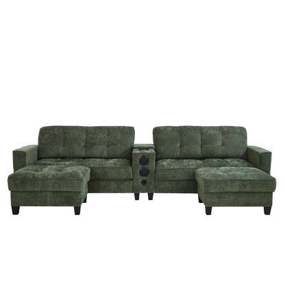 Modern Sectional Sofa U-Shaped With Movable Ottomans, Bluetooth Speakers, LED Lights And Modular Storage