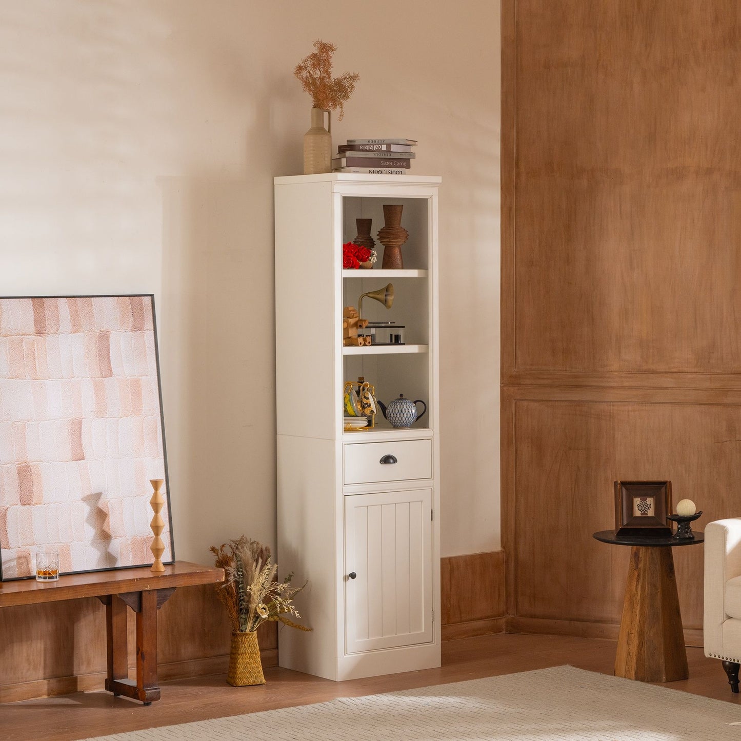 Retro Style 75'' Tall Display Shelf With Cabinet For Hallways Living Room Kitchen - White