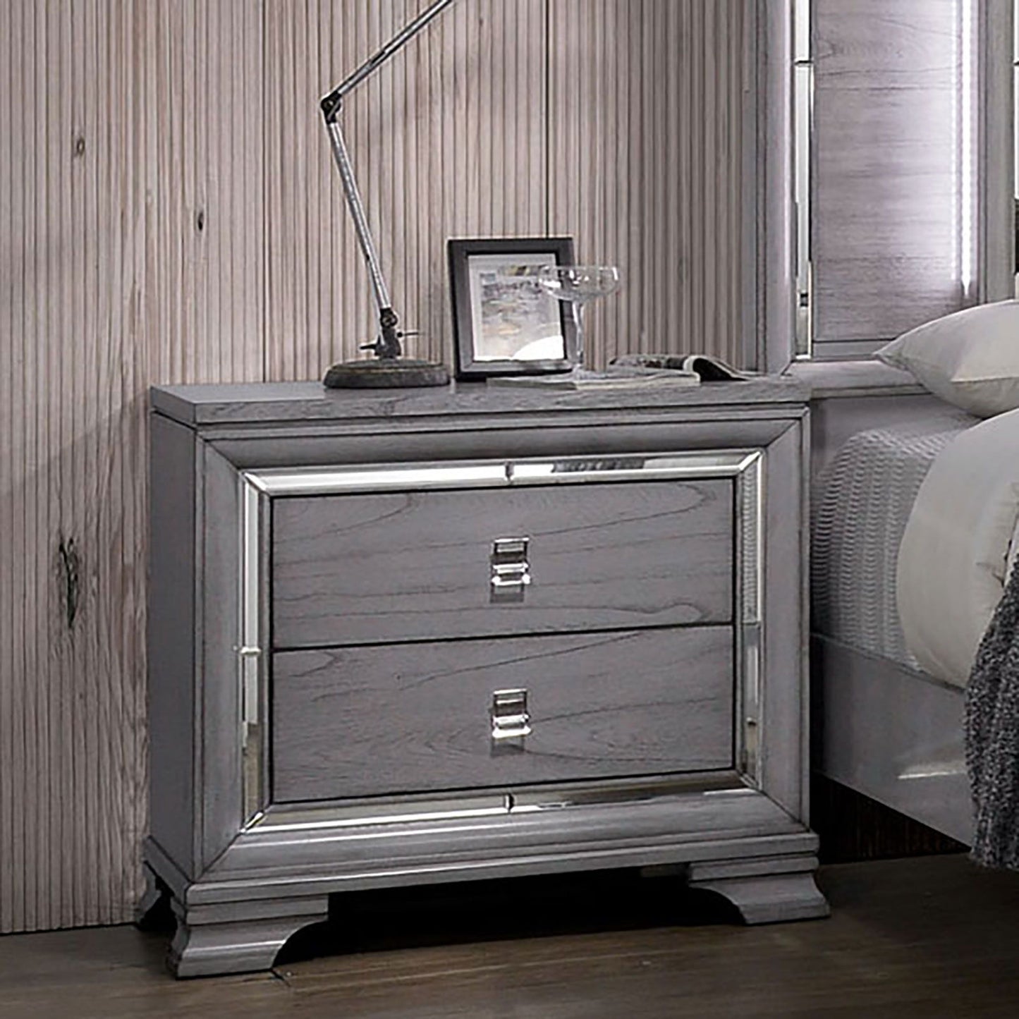 Nightstand With Mirror Trim - Light Gray