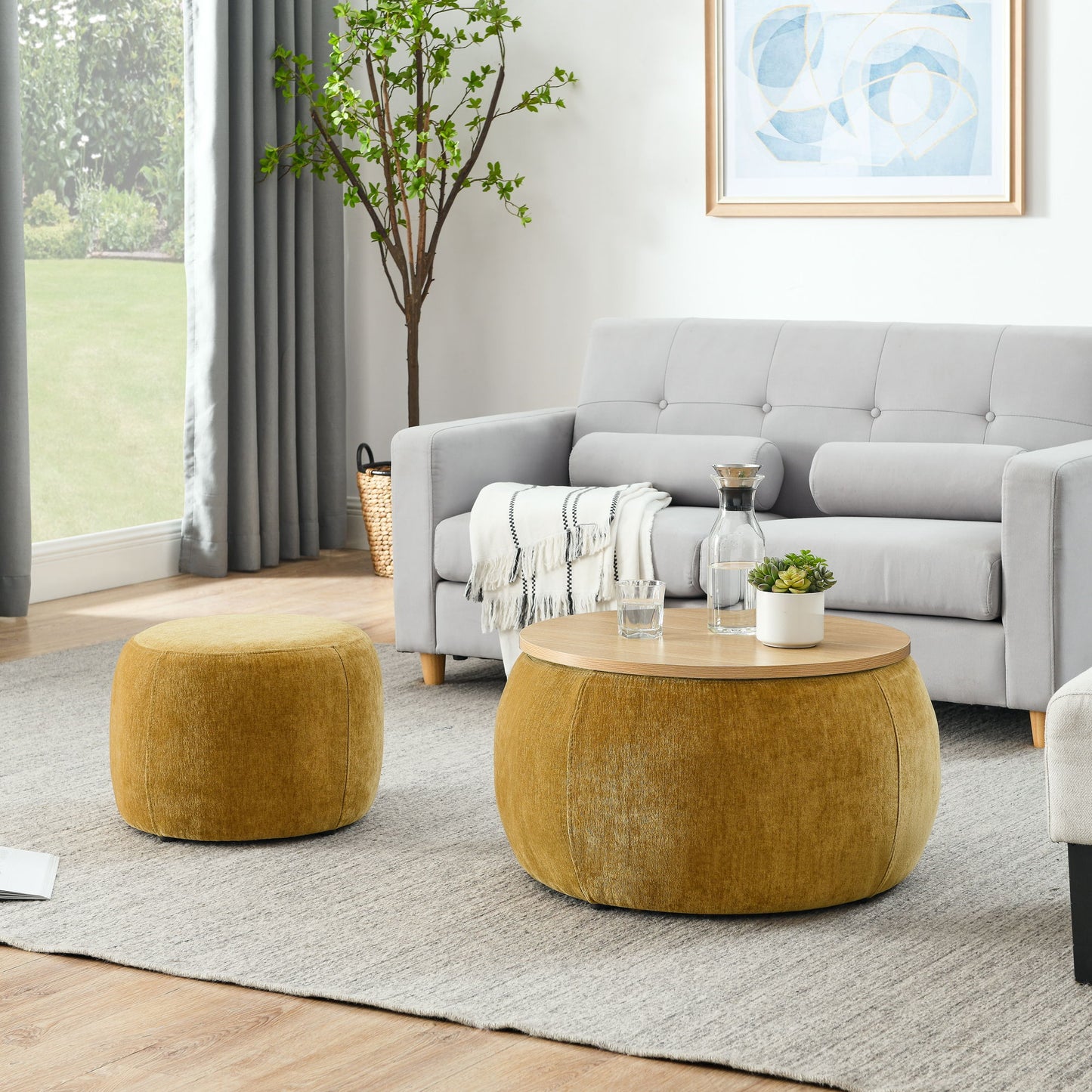 Round Storage Ottoman, 2 In 1 Function, End Table And Ottoman