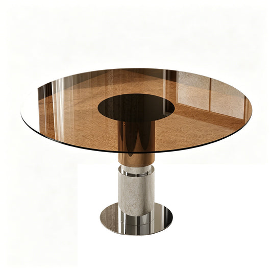 Round Dining Table With Tempered Glass Top - Brown