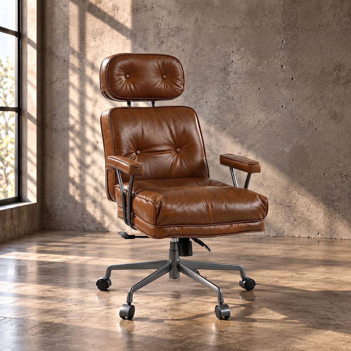 Dasya Brown Top Grain Leather & Iron Swivel Office Chair
