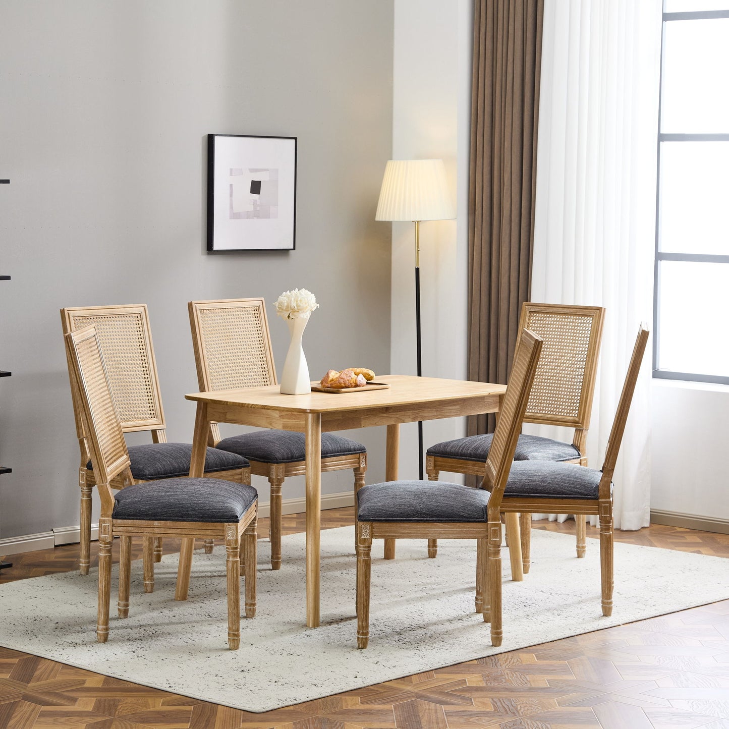 French Country Dining Chair With Rectangular Cane Backrest And Smooth Upholstered Seating