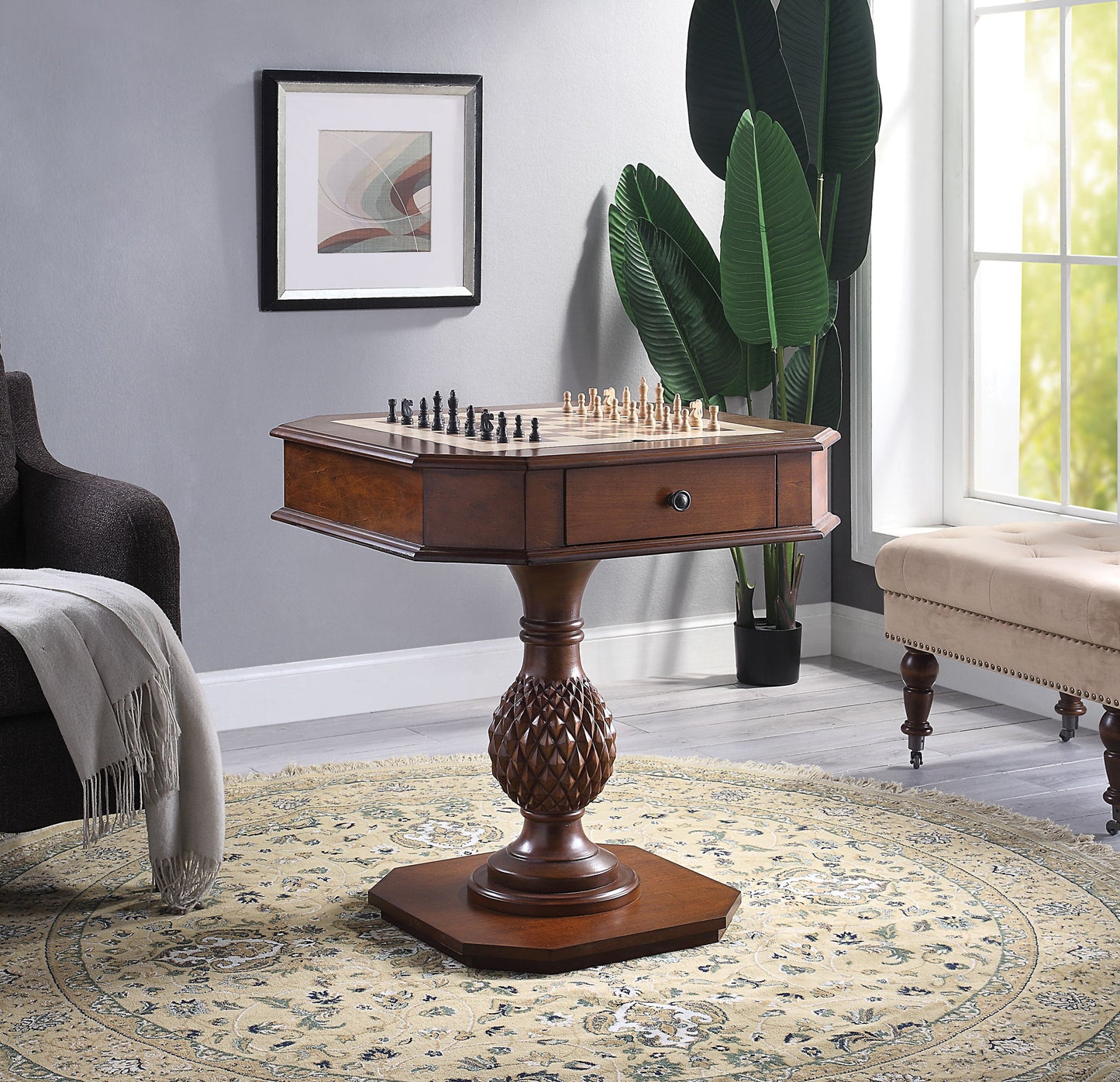 Bishop - Reversible Chess Checker Game Table With Game Tray (Chess Fingures Not Included) - Cherry