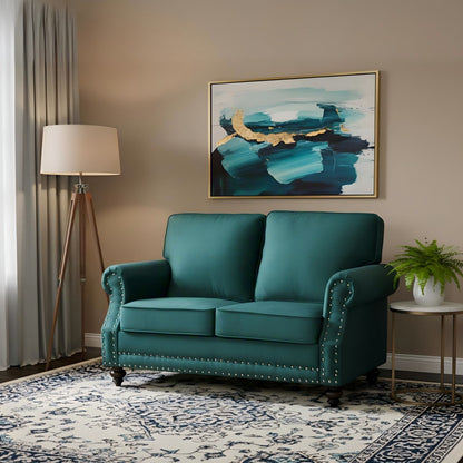 Loveseat Sofa With Nailhead Detail & Turned Legs, 2 Seater Upholstered Couch