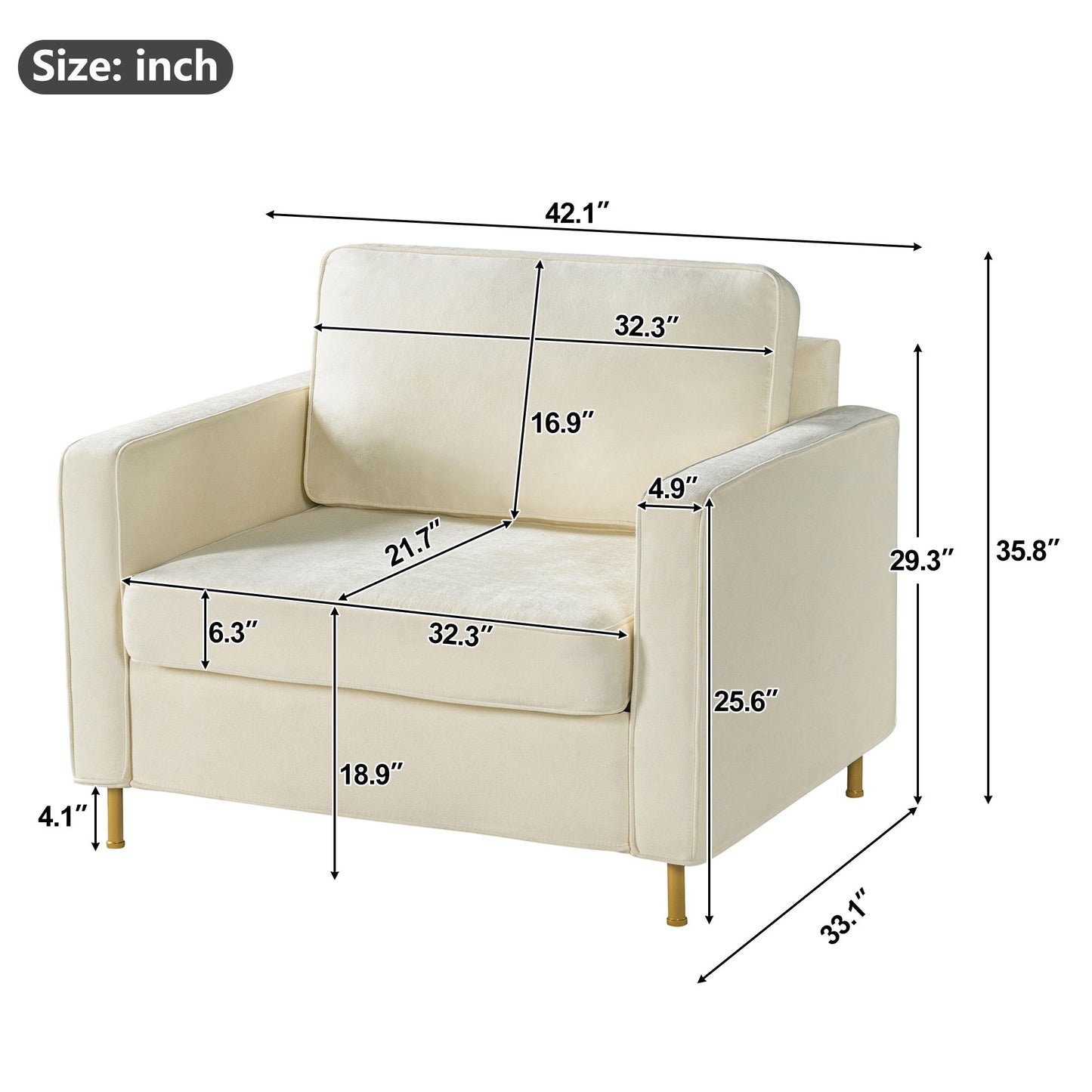 Accent Chair Upholstered Single Sofa With Square Arms, Sewn Pillow Back For Living Room