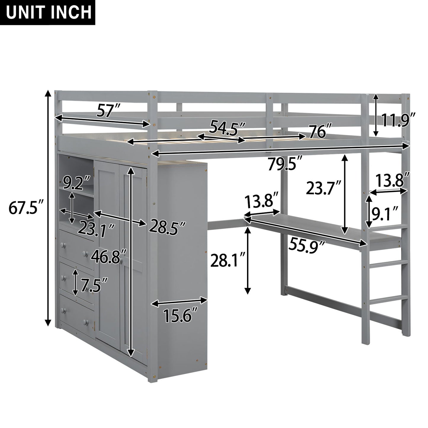 Loft Bed With Built In Wardrobe, Shelves And Drawers