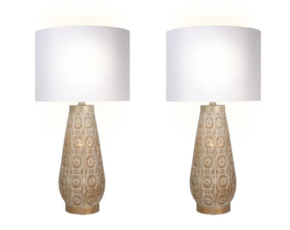 "Celestial Carve" Laser Cut Metal Table Lamp With Night Light (Set of 2) - Distressed White / Distressed Tan