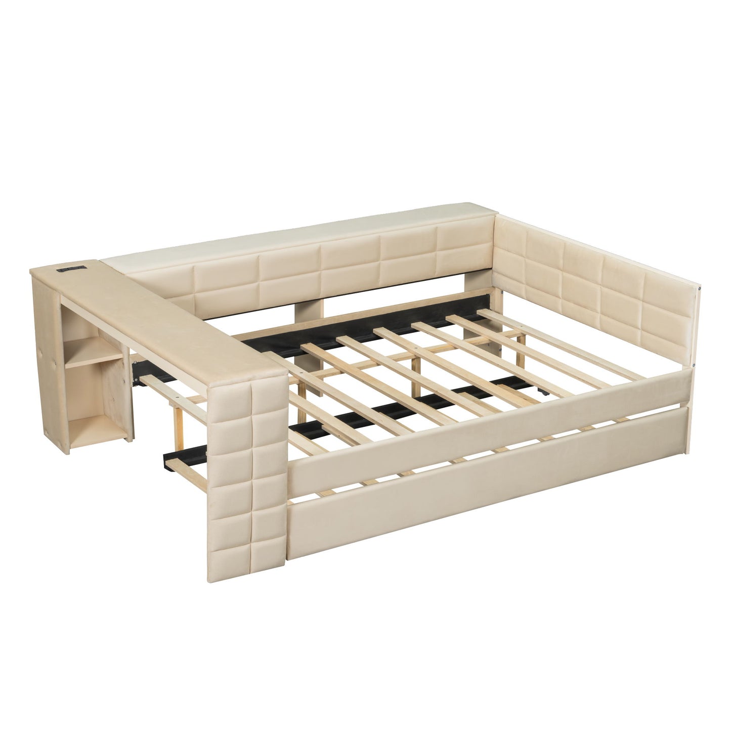Upholstered Platform Bed With Storage Shelves, Desk, Charging Station And Trundle