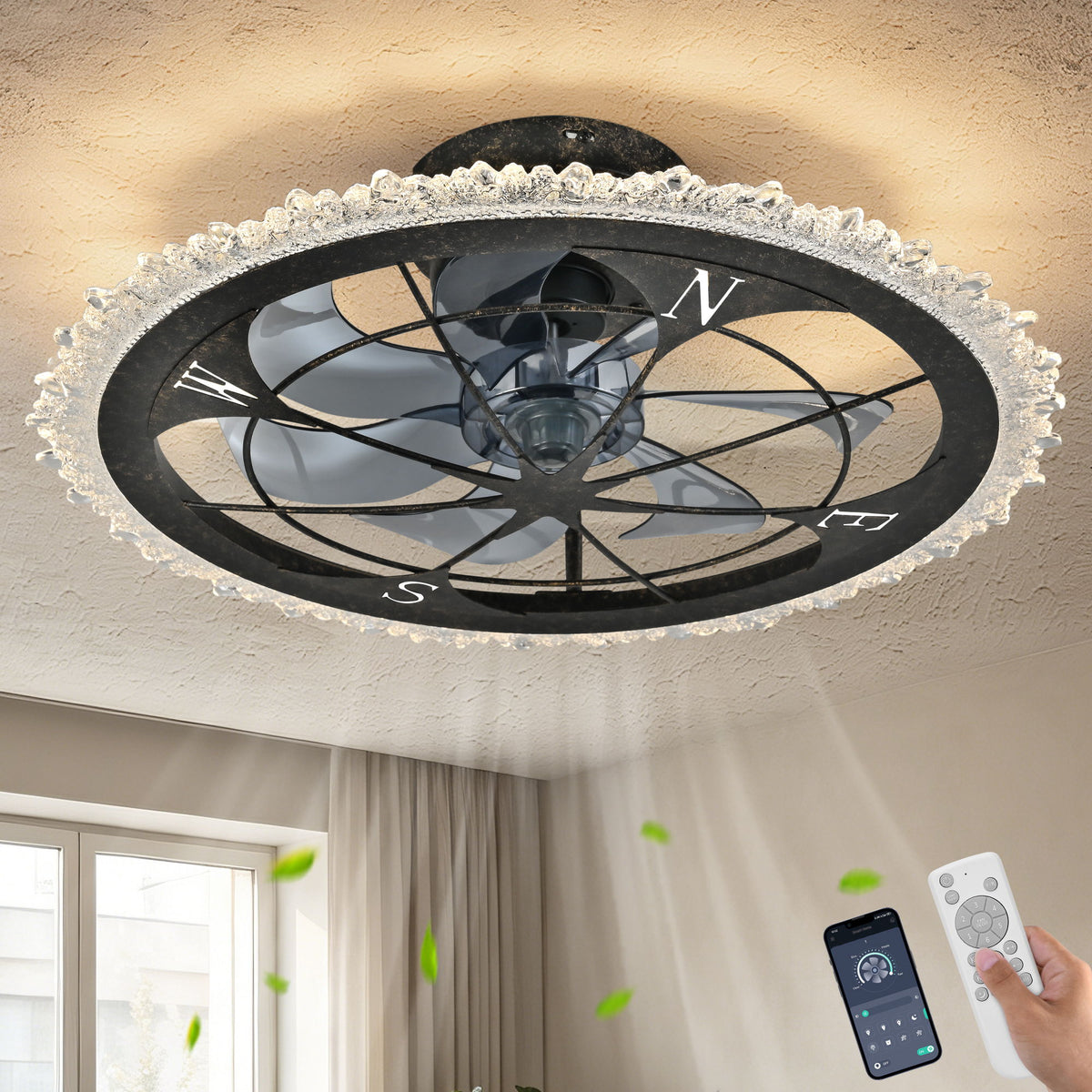 Caged Ceiling Fan & Remote Controlled Dimmable LED Lights, Flush Mount Fan, Low Profile Design - Antique Black