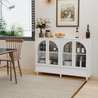 White Arched Glass Sideboard Buffet Cabinet, 2 Drawers & 4 Glass Doors Storage Credenza, Display Cabinet With Adjustable Shelves, Modern Kitchen Cupboard For Dining Room Living Room Entryway