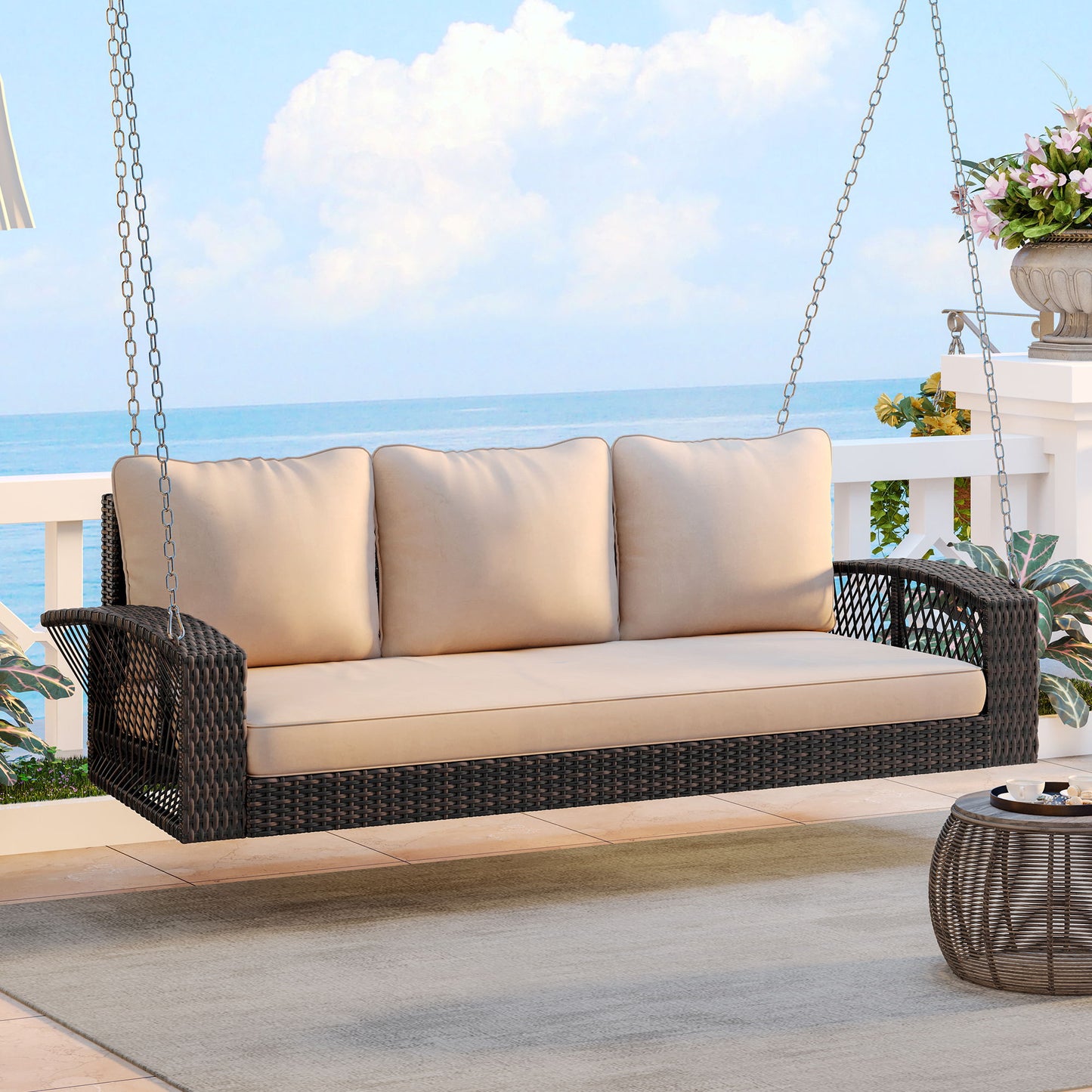 3 Person Large Patio Swing Bench With Cushions For Backyard