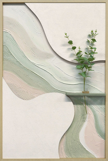 Sage Ribbon I - 33 X 48 - Hand-Painted Neon Canvas In Frame - White