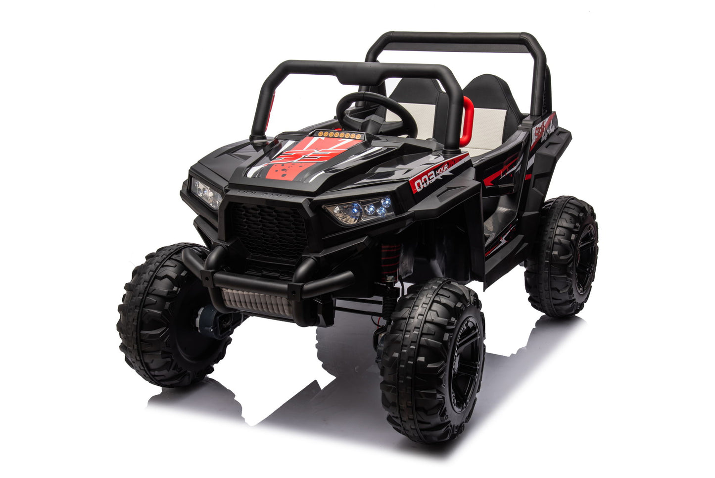 12V7A*1 30W*4 Four-Wheel Drive Seat One Button Start, Forward And Backward, High And Low Speed, Music, Front Light, Power Display, Two Doors Can Open, 2.4G R / C, Seat Belt Four Wheel Absorber