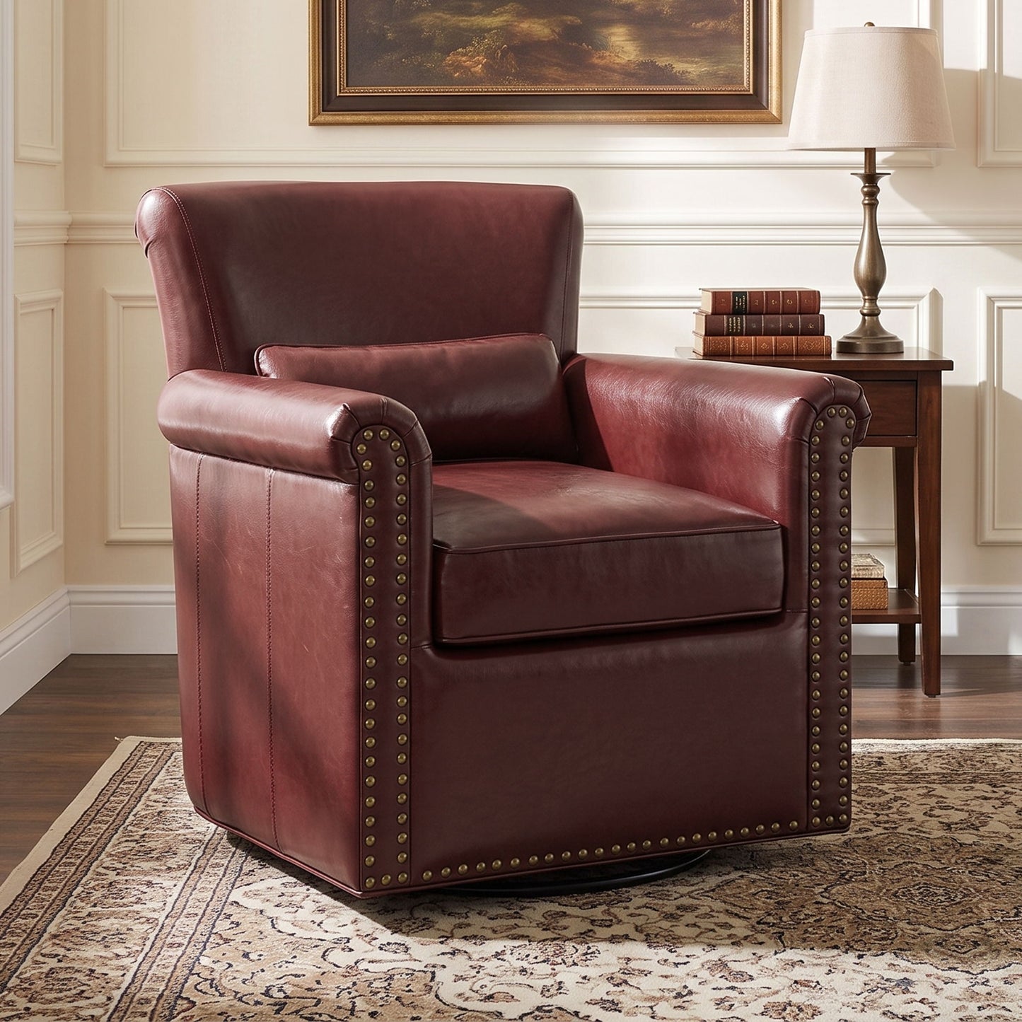 Swivel Accent Chair With Rolled Arm, Sewn Pillow Back, Nailhead Trim For Living Room