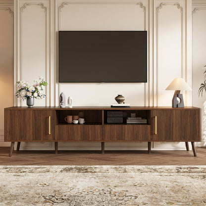 78" TV Stand For 85" TVs With Fluted Doors, Open Shelf, Cable Management - Walnut