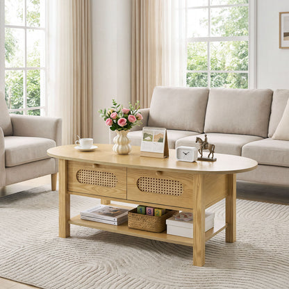 Oval Coffee Table With With 2 Storage Drawers For Living Rooms - Wood
