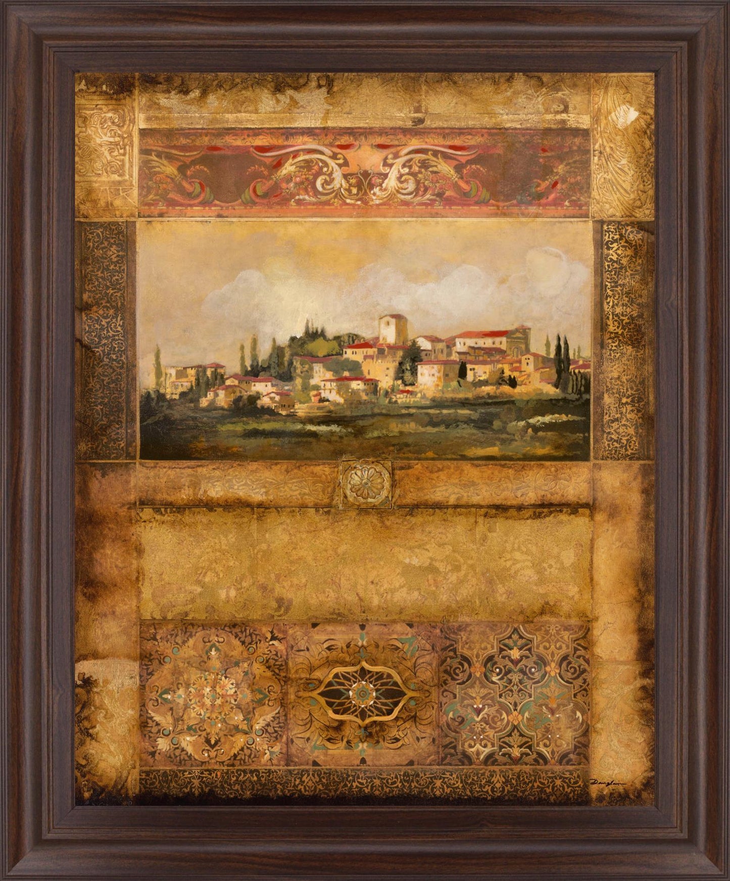 Tuscan Village Mosaic - 28" x 34" Framed Wall Art - Dark Brown