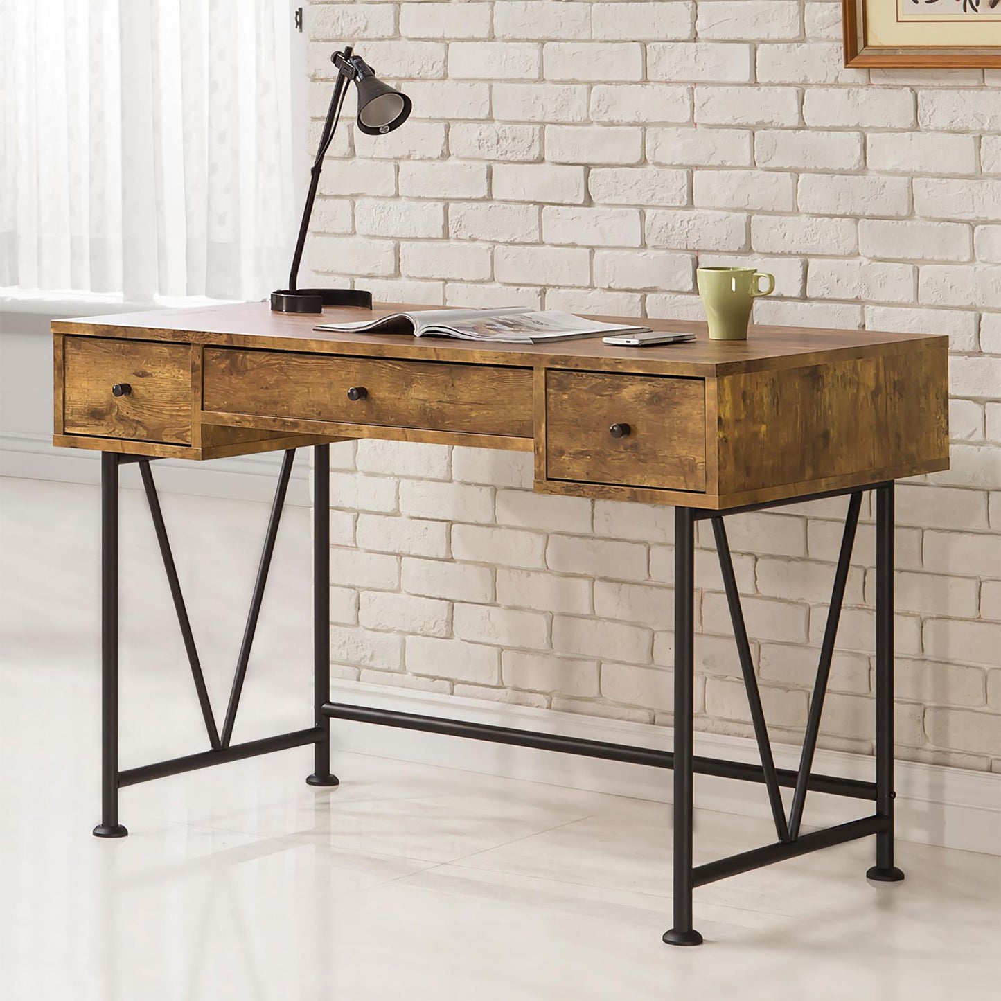 3 Drawer Writing Desk With Handles - Brown