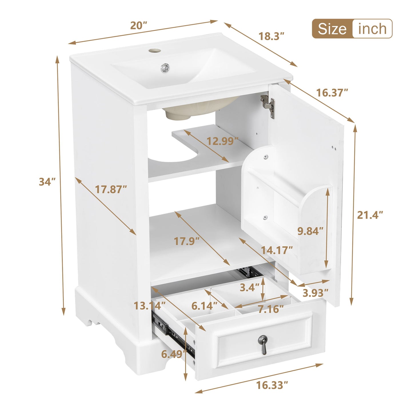 Bathroom Vanity With Sink, Soft Close Door, Adjustable U-Shaped Shelf