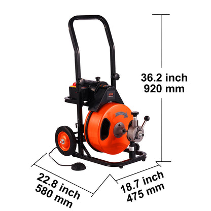 Drain Cleaning Machine 100Ft X 3/8" Auto Feed Sewer Snake - Orange