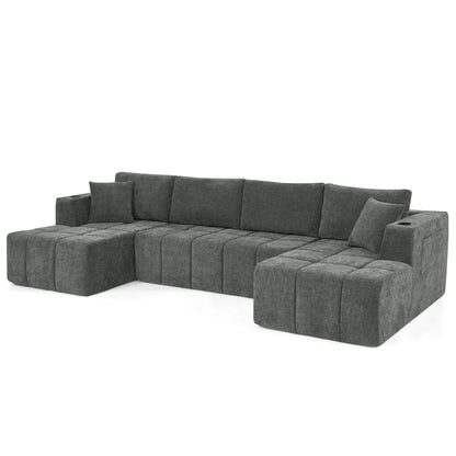 U - Shaped Sectional Sofa, Cup Holders & Side Pockets For Living Room