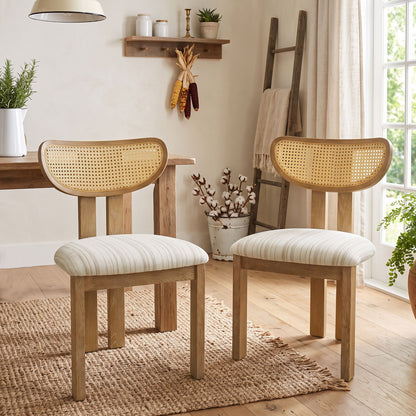 Striped Upholstered Rattan Back Dining Chairs (Set of 2)