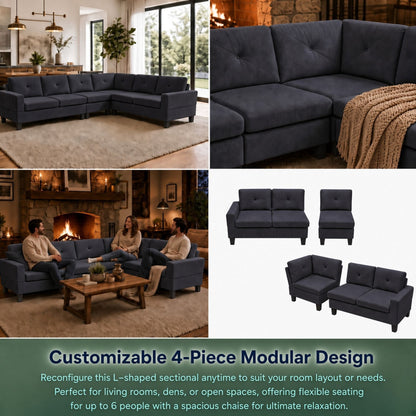 Modular L - Shaped Sectional Sofa 6 Seater 4 Piece Couch With Chaise