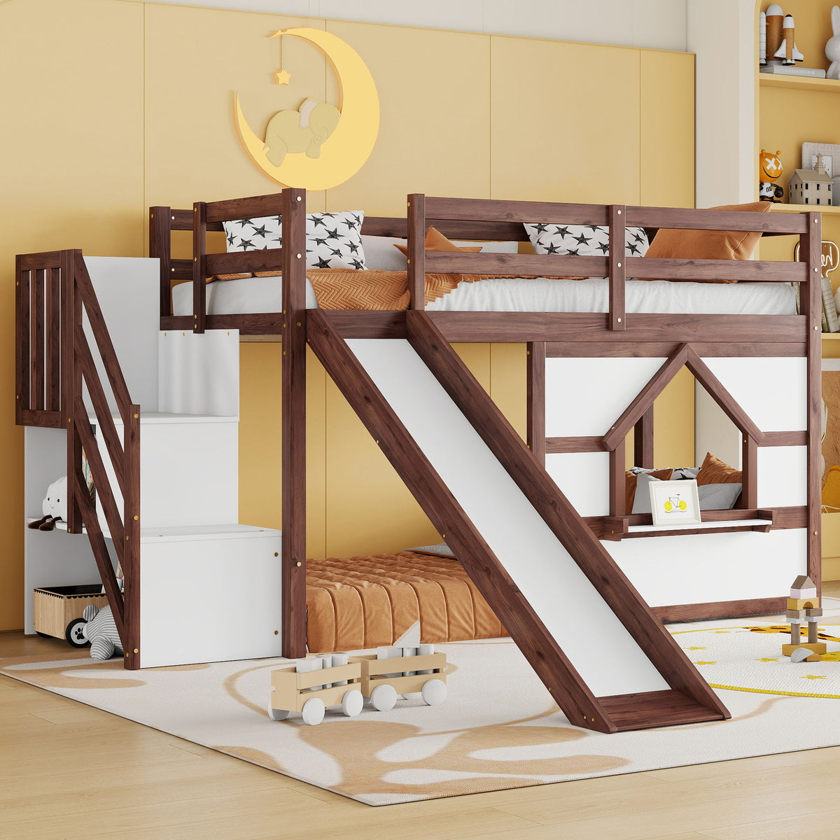 Loft Bed With Storage Stairs, Slide, Playhouse Window And 7 Colors LED Lights