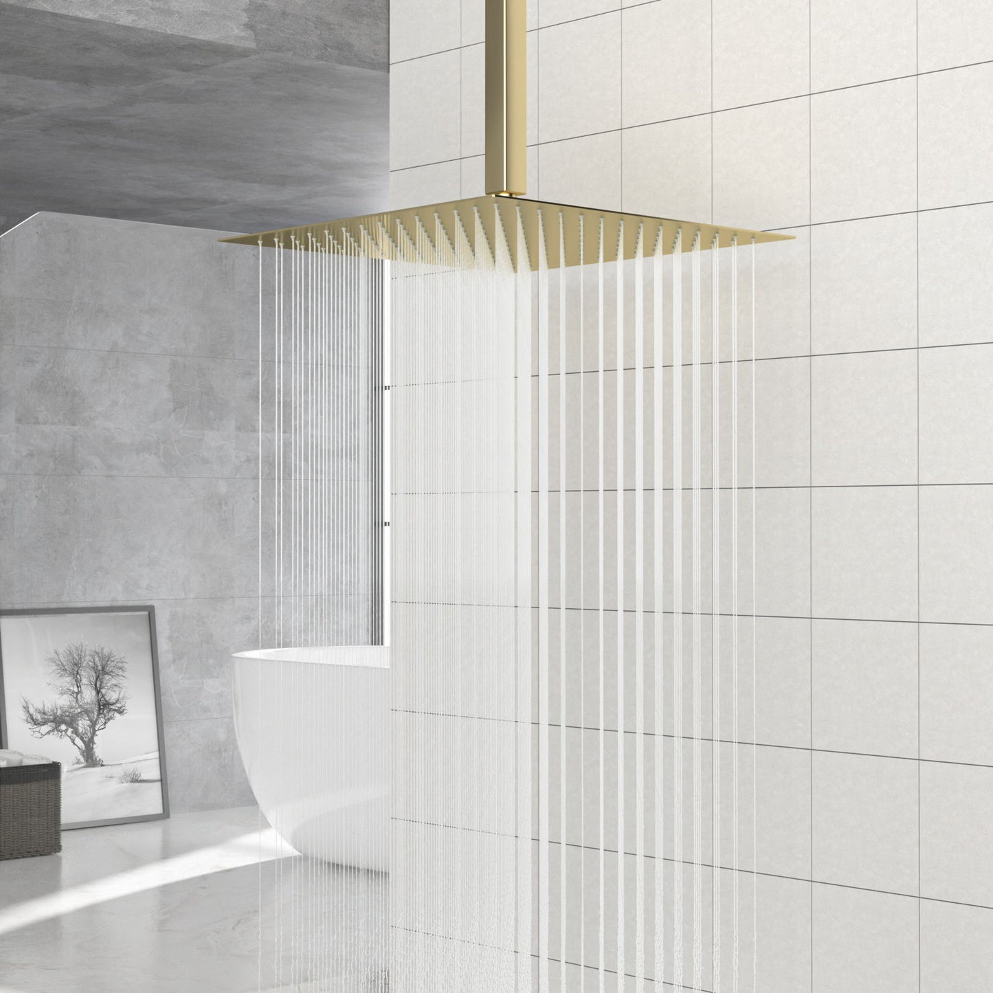 16" Square Rainfall Shower Head Fixed Wall Mount With Full Body Coverage & Self Cleaning Silicone Nozzles