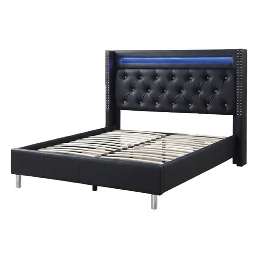 Modern Bed With LED Lights, Charging Port, Tufted Headboard