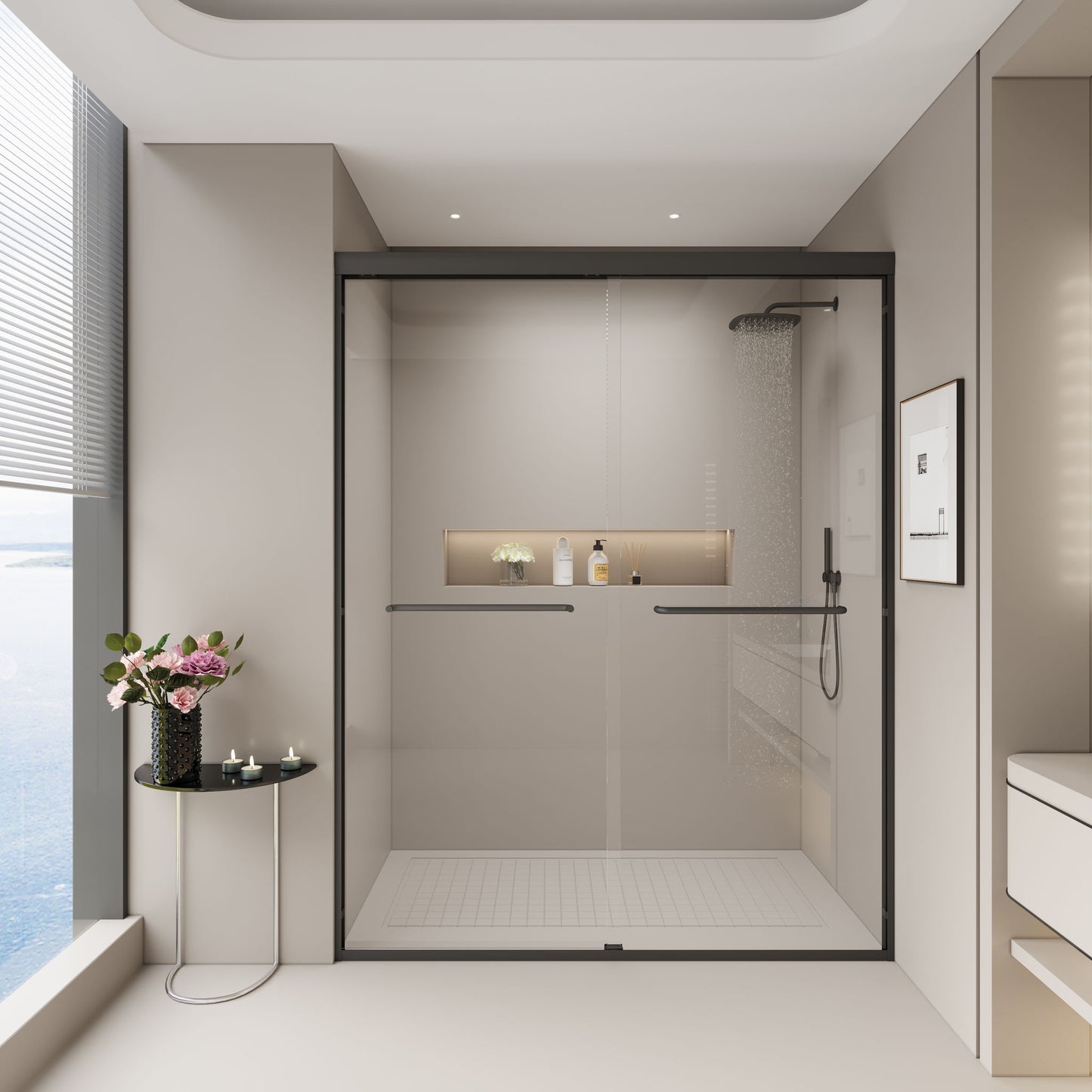 Double Sliding Shower Door, Semi-Frameless Bypass Bathroom Sliding Door With 1/4" (6 Mm) Tempered Glass For Walk-In Shower