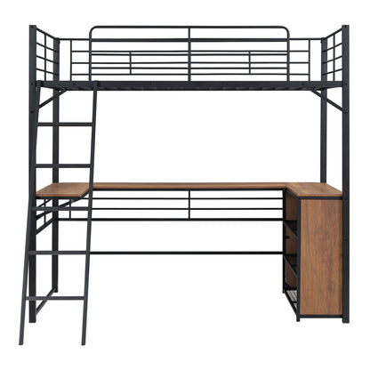 Loft Bed & 3 Layers Of Shelves And L-Shaped Desk