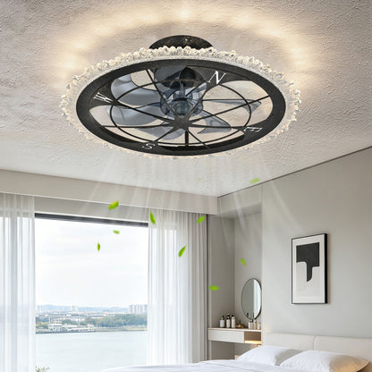 Caged Ceiling Fan & Remote Controlled Dimmable LED Lights, Flush Mount Fan, Low Profile Design - Antique Black
