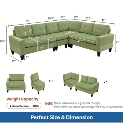 Modular L - Shaped Sectional Sofa, 6 Seater, 4 Piece Couch With Chaise - Green