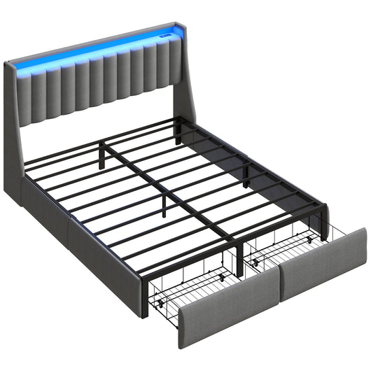 Upholstered Platform Bed Frame With RGB LED Lights, Charging Station & 2 Underbed Drawers