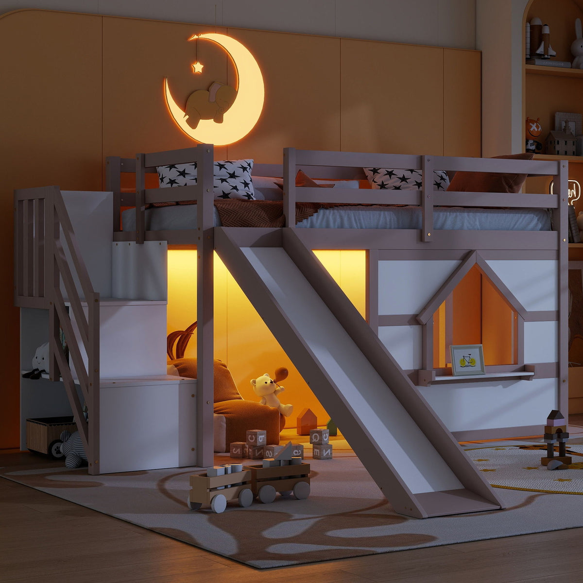 Loft Bed With Storage Stairs, Slide, Playhouse Window And 7 Colors LED Lights