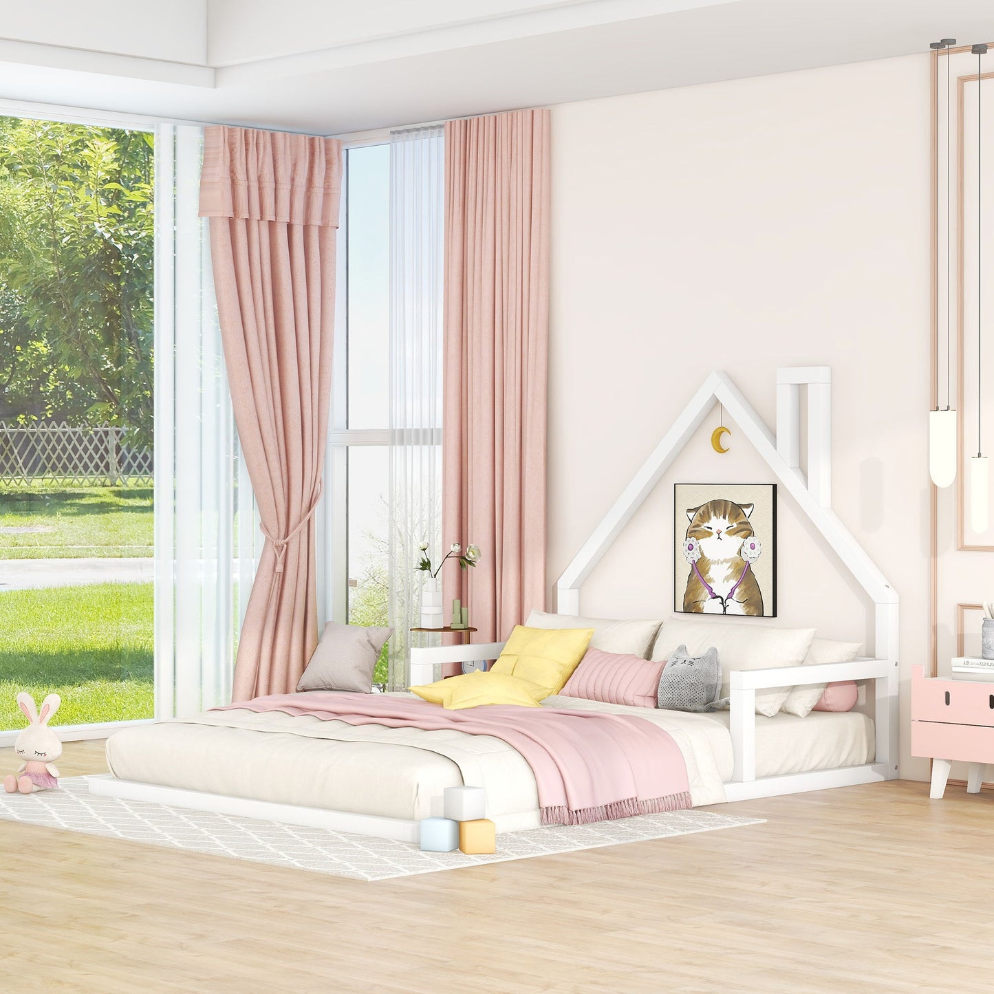 Elegant Floor Bed With House Shaped Headboard