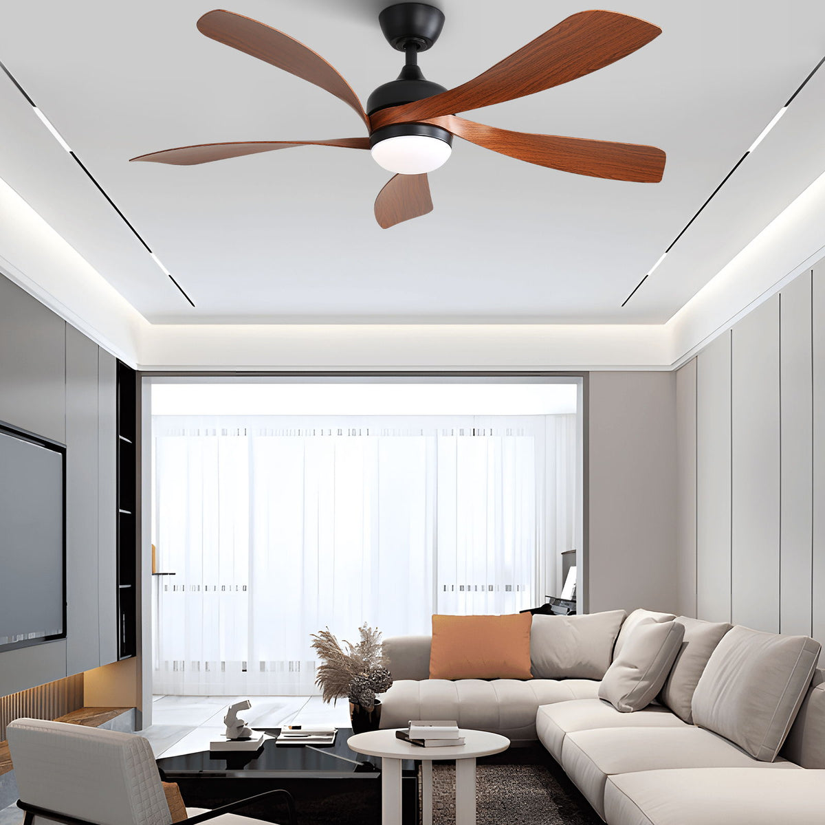 52" Ceiling Fan With 3 Color Dimmable LED Light, 5 Blades, Remote Control, Reversible DC Motor