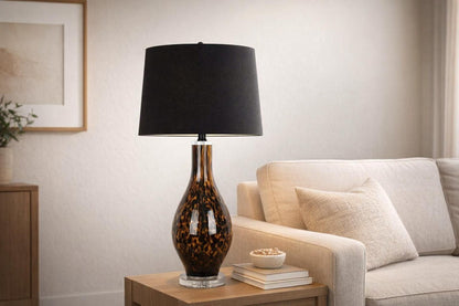 Speckled Glow Art Glass & Crystal Table Lamp (Set of 2) - Black Speckled Amber Art Glass / Clear Crystal